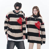 hip hop destroyed ripped holes knitted sweater mens casual y2k striped o neck pullover sweater unisex harajuku streetwear jumper - gothic aesthetic hoodie for winter, unisex casual winter pullover, oversized streetwear hoodie