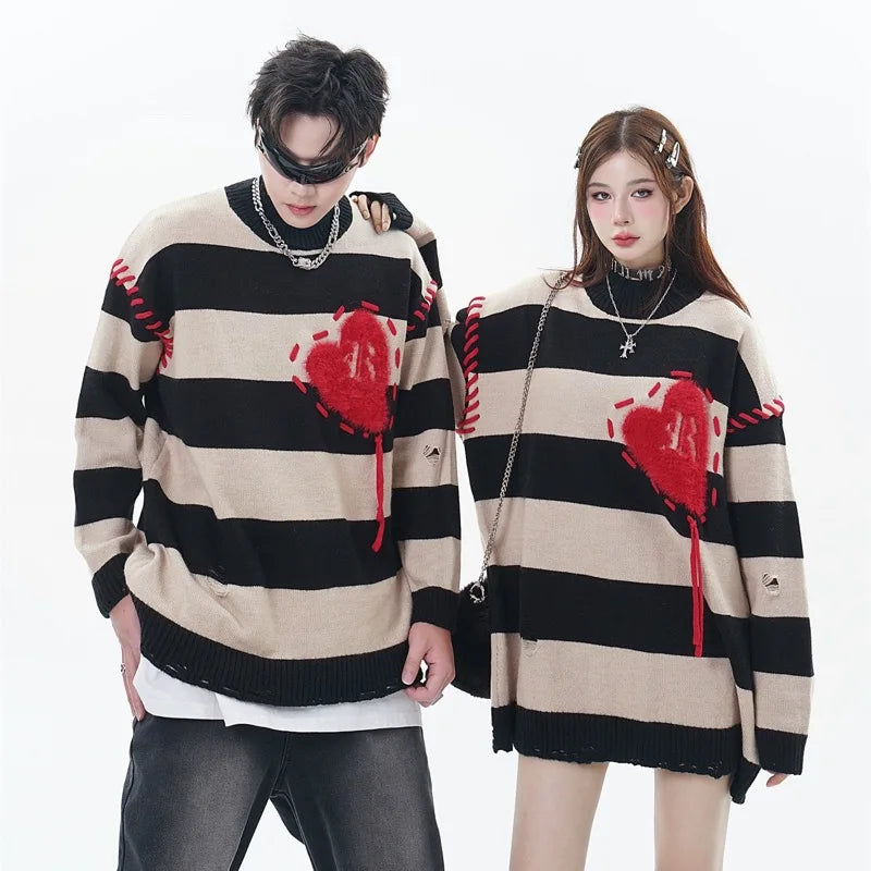 hip hop destroyed ripped holes knitted sweater mens casual y2k striped o neck pullover sweater unisex harajuku streetwear jumper - gothic aesthetic hoodie for winter, unisex casual winter pullover, oversized streetwear hoodie
