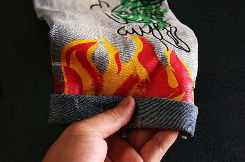 skull graffiti printed ripped denim jeans hip hop distressed biker jeans fashion streetwear slim pants joggers y2k men s jeans unique joggers style 300