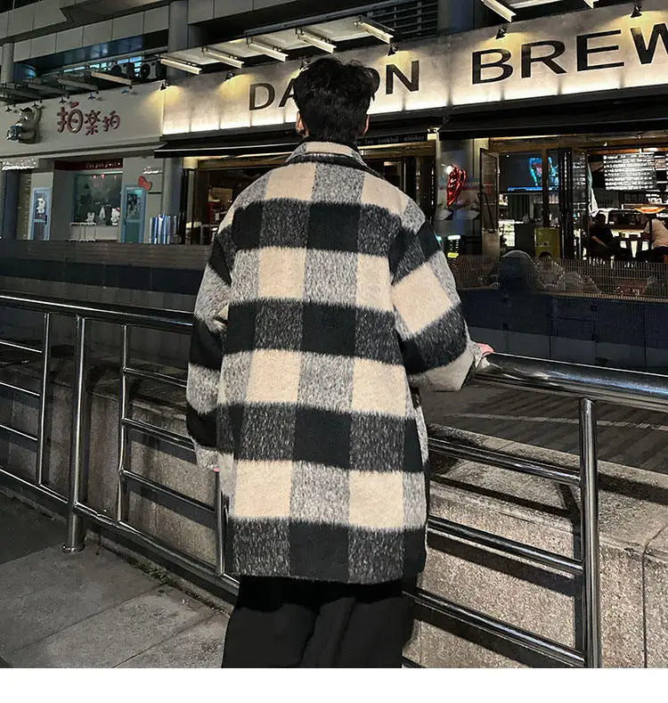 Plaid Woolen Trenchcoat Men Autumn Winter Fashion Retro Streetwear Suit Collar Loose Casual Trendy Trench Coat Outerwear