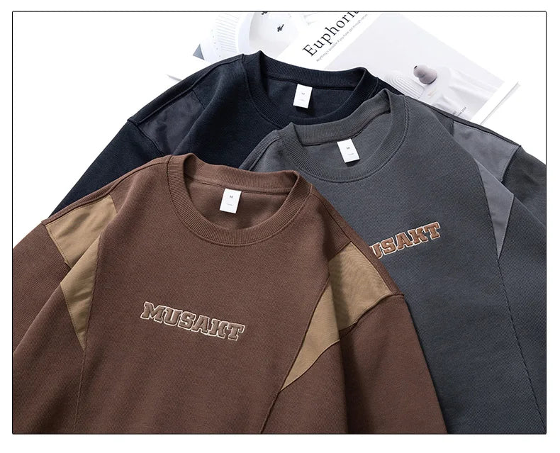 Men Handsome Splice Embroidery Fashion Loose Casual Pullover Sweatshir
