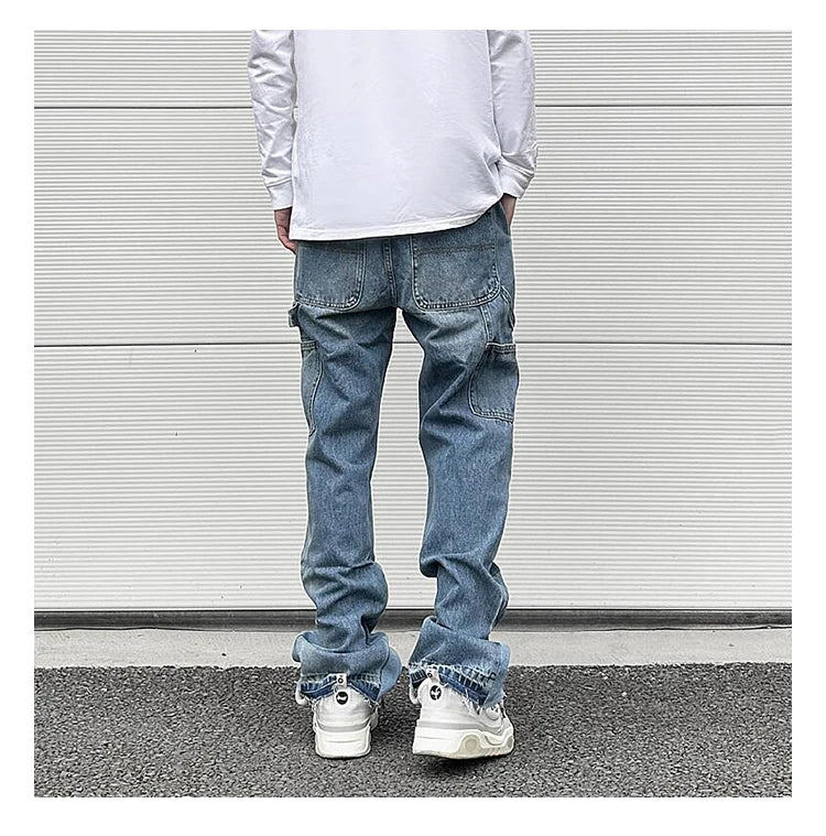 patchwork design denim flare jeans pants men casual zipper straight biker trousers jeans fashion streetwear hip hop jean joggers unique joggers style 2610