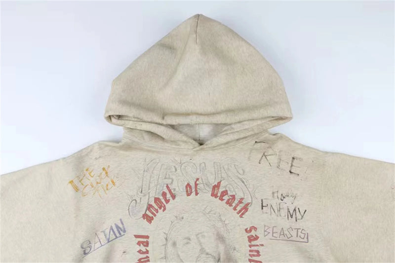 2024 New Arrival Vintage SM Brand Fashion Hand painted Graffiti Vintage ripped distressed hoodie Sweatshirt