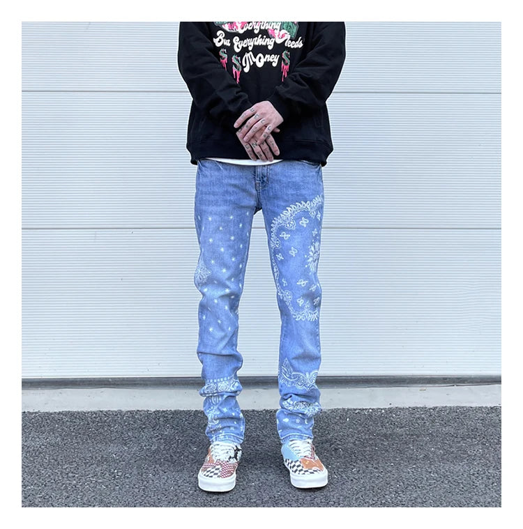 mens high street paisley print denim jeans casual hip hop distressed jeans slim fit skinny denim pants joggers streetwear men unique joggers style 1234