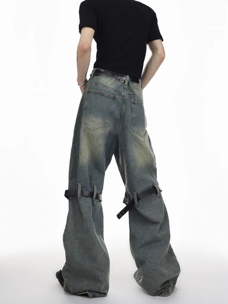 mens knee patchwork belts denim jeans unisex hip hop fashion streetwear harajuku loose flare straight y2k jean pants joggers unique joggers style 4285
