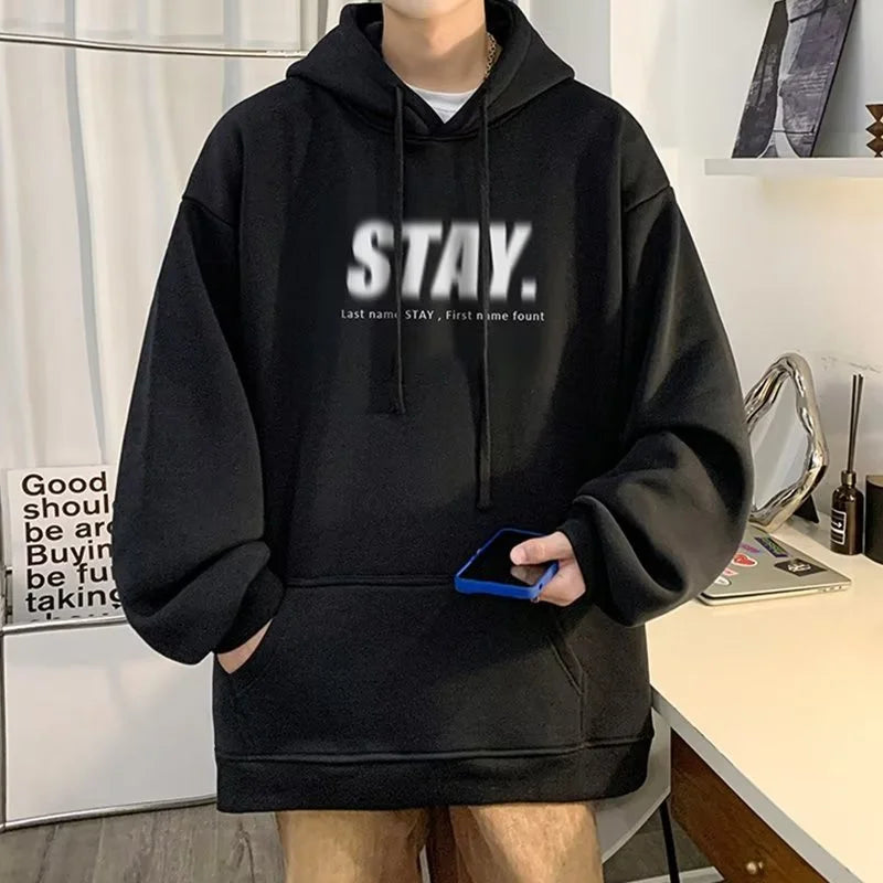 New In Letter Stay Print Sweatshirts Men Casual Vintage Fleece Pullover