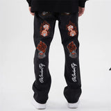 fashion back skull letters embroidery denim flare jeans mens zipper straight trouser hip hop streetwear pants joggers jeans men sporty tapered joggers