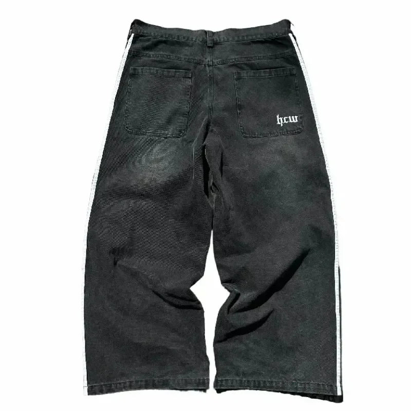 new hip hop baggy jeans harajuku goth y2k jeans for men black striped embroidered wide leg denim pants high street streetwear unique jeans style 303