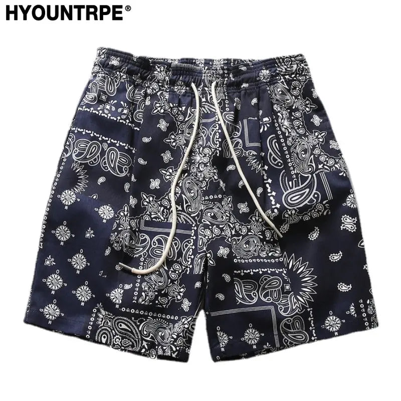 Mens Paisley Printed Shorts Hip Hop Loose Elastic Waist Sweat Shorts Casual Harajuku Drawstring Streetwear Sportswear Joggers