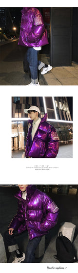Winter Jacket Men Parkas Thicken Warm Coat Stand Collar Oversize Parkas Bright Leather Fabric Jacket Korean Style Padded Coat