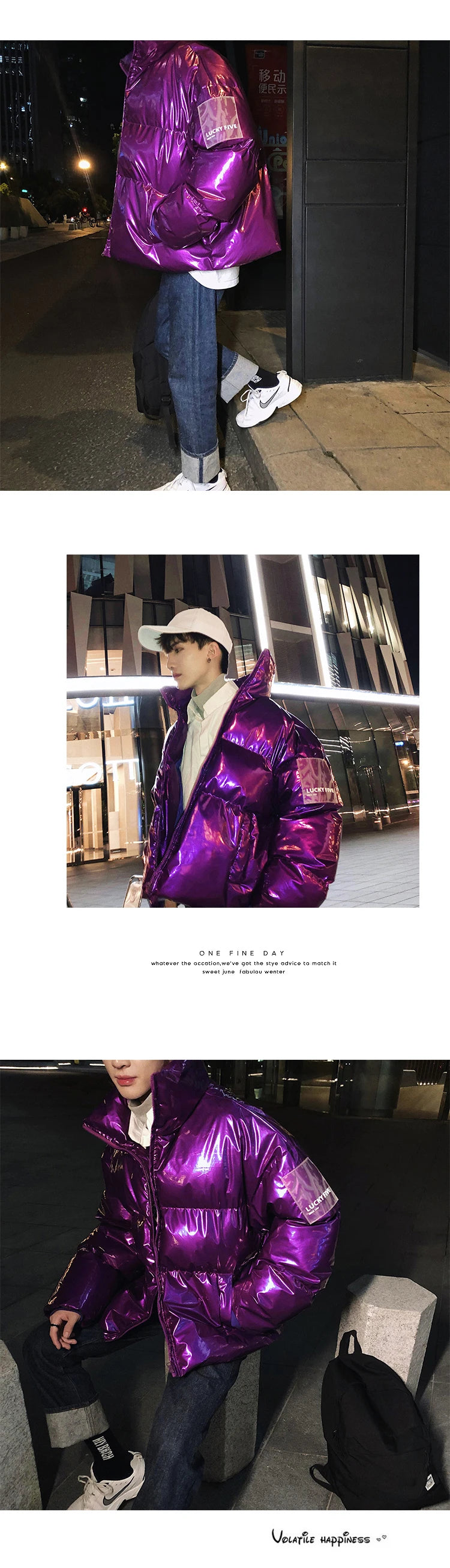 Winter Jacket Men Parkas Thicken Warm Coat Stand Collar Oversize Parkas Bright Leather Fabric Jacket Korean Style Padded Coat