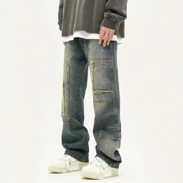 american high street trendy men and women trendy personalized straight tube washed jeans couple loose retro casual pants y2k ripped baggy denim