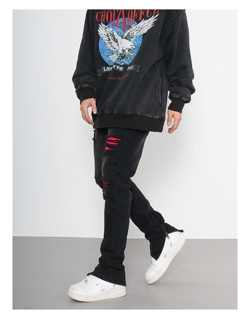 knee ripped patchwork jeans for men hip hop skinny biker taped jean trouser slim fit black denim pants fashion streetwear jogger unique joggers style 3019