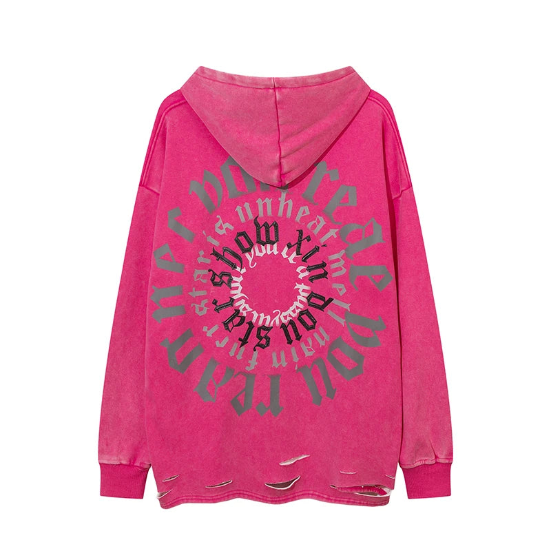 vaporwave chrome print featuring fashion letter printed hoodie hip hop retro washed bottom ripped sweatshirt streetwear men hooded warm fleece loose tops hoodies