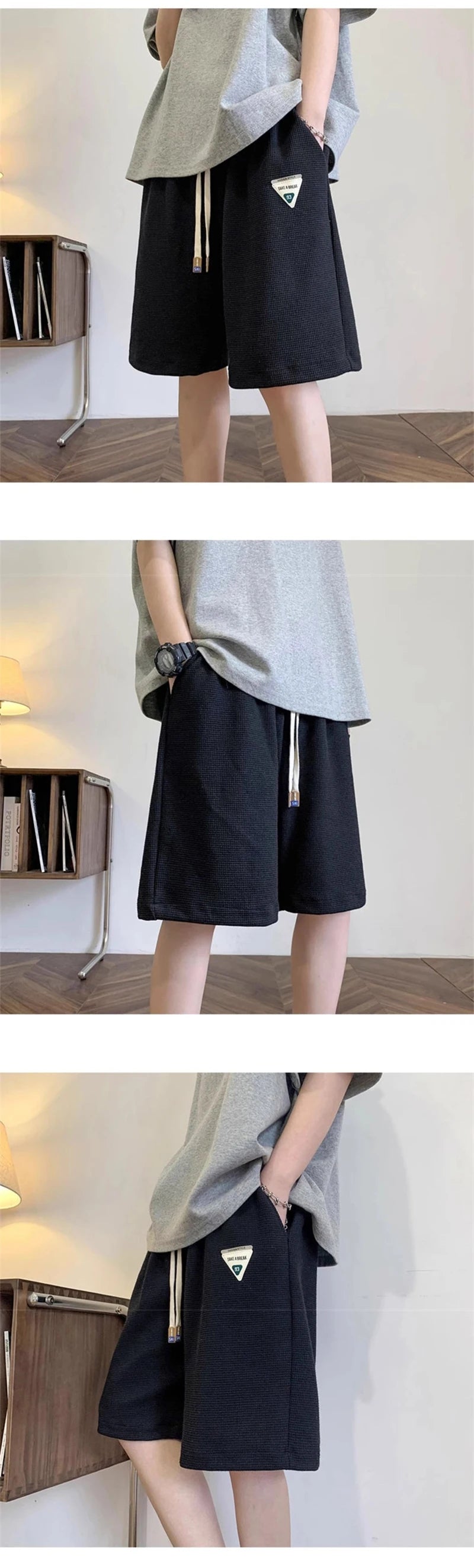 summer mens letter appliques waffle shorts baggy running wide leg casual short pants solid drawstring gym straight y2k shorts unique shorts style 3509