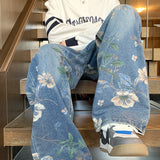 american high street floral printed jeans for men 2024 new y2k vintage denim trousers hip hop fashion wide leg baggy jean pants urban skinny jeans