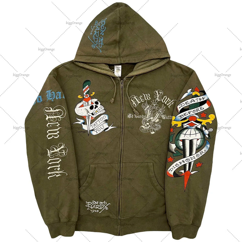 American Fashion Trend Pattern Print Zipper Hoodie Women Y2K New Stree