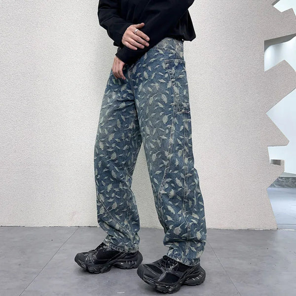 men jacquard loose casual hip hop vibe splice pocket denim baggy jeans pants man streetwear ripped jeans trousers boyfriend stacked flare jeans