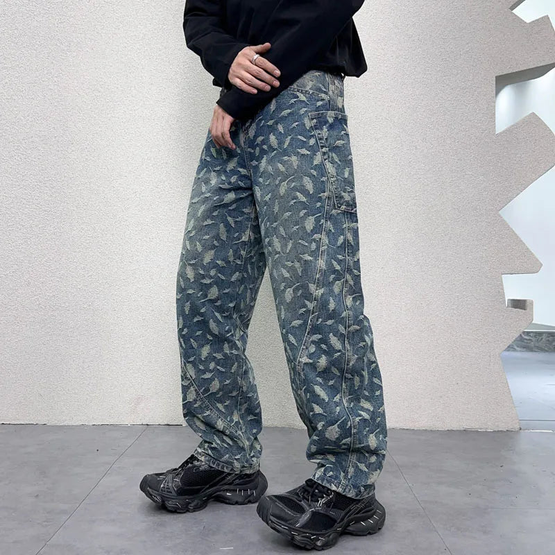 men jacquard loose casual hip hop vibe splice pocket denim baggy jeans pants man streetwear ripped jeans trousers boyfriend stacked flare jeans