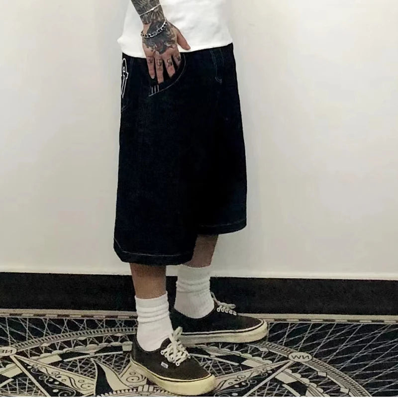 hip hop pockets embroidery letter print jeans shorts for men summer retro oversized wide leg denim knee lenght pants unique jeans style 3629