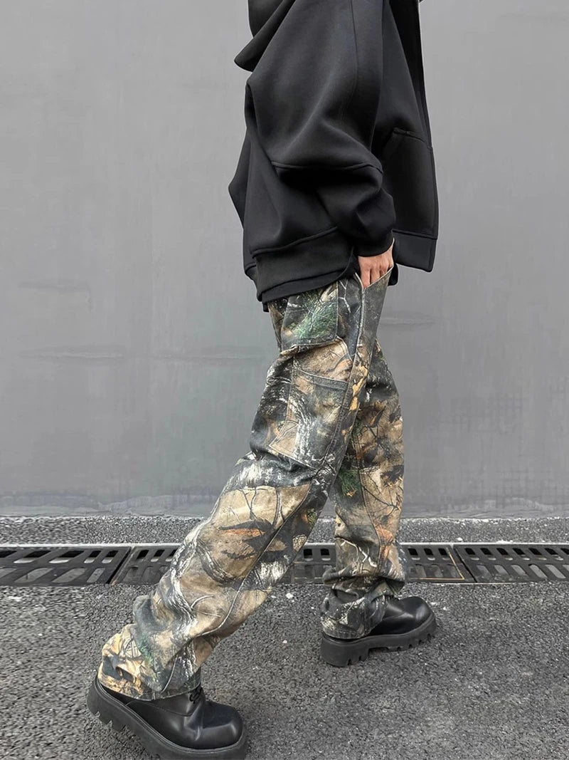 european and american tree grain camouflage jeans mens slim fitting splashing ink trendy hip hop tapered denim pants camou jeans unique jeans style 1423