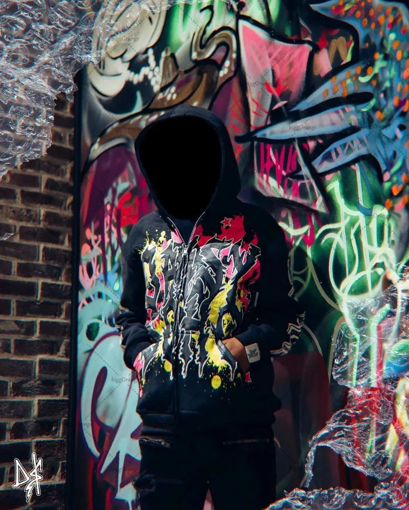 Gothic Punk Trend Pattern Printed Oversize Hoodie Men's 2023 New Street Hip-Hop Versatile Loose Pullover Sweatshirt Women's