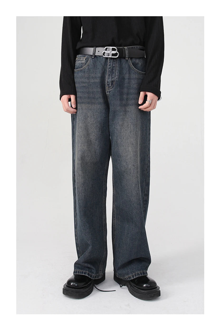 men baggy jeans korean fashion loose straight denim pants male blue casual jeans trousers unique jeans style 4396