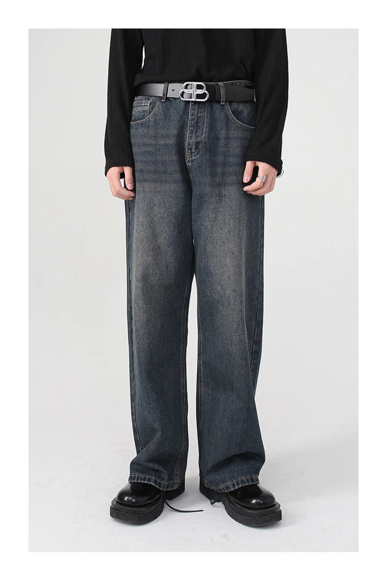 men baggy jeans korean fashion loose straight denim pants male blue casual jeans trousers unique jeans style 4396