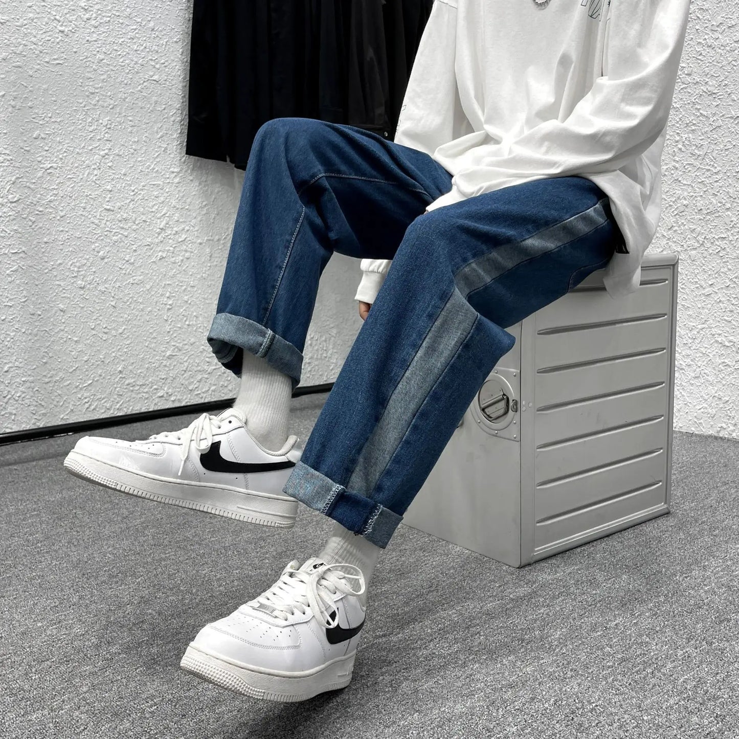 2023 summer new fashion straight jeans mens loose all match casual pants all match boutique clothing simple style stacked flare jeans