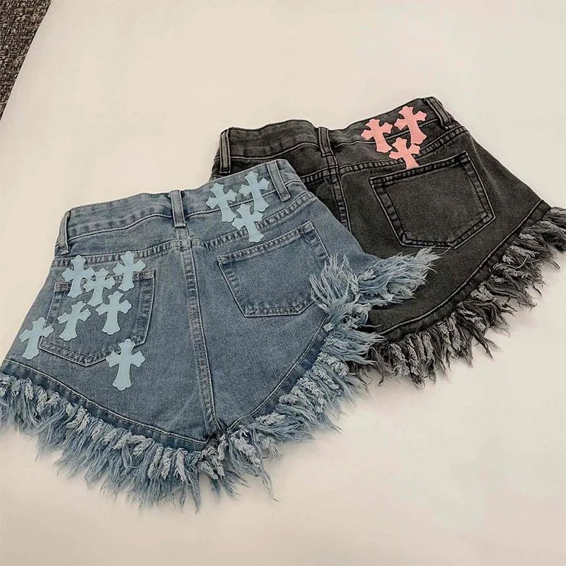 Raw Edge Fringe Gothic Style Denim Shorts Female Summer American Street High Waist Design Sense Casual A Word Super Short