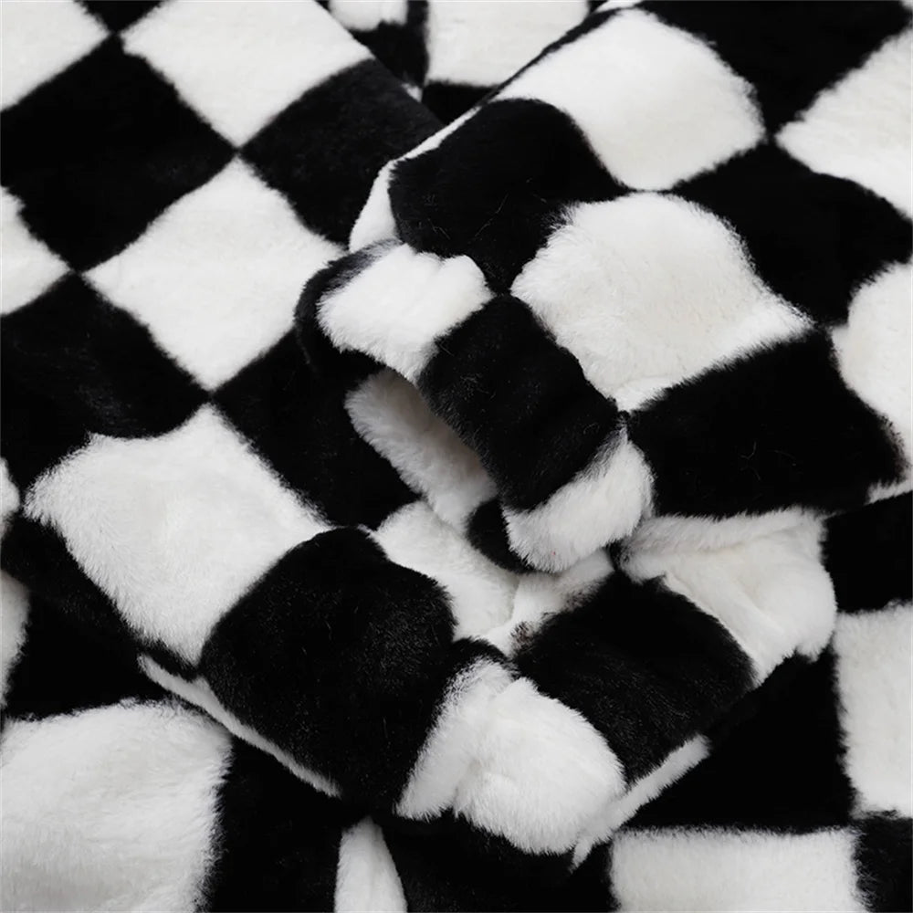 Abcvan Snaki 2023 New High Quality Black and White Plaid Rabbit Hair Cotton Coat Men's and Women's Coat