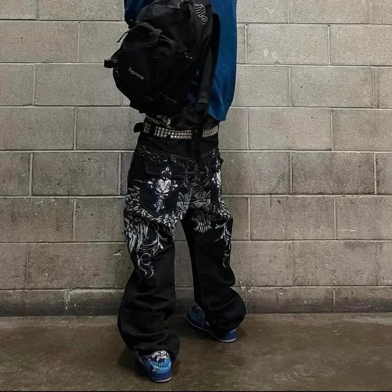 hip hop fashion y2k street high waist gothic skull geometry men jeans american retro couples straight loose pants ripped baggy denim