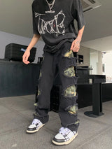 side destroyed ripped holes denim jeans pants mens casual patchwork camouflage loose straight joggers hip hop streetwear jeans unique joggers style 4083