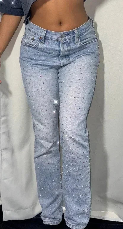 baggy jeans women high waist slim y2k pants gothic pocket sequins rhinestone retro blue jeans fashion straight denim trousers denim street jeans