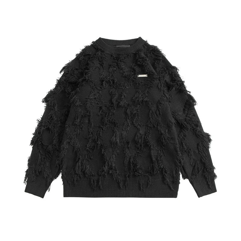 techwear flame knit sweater with structured oversized fit, ideal for cold streetwear layers, men’s streetwear clothing piece 