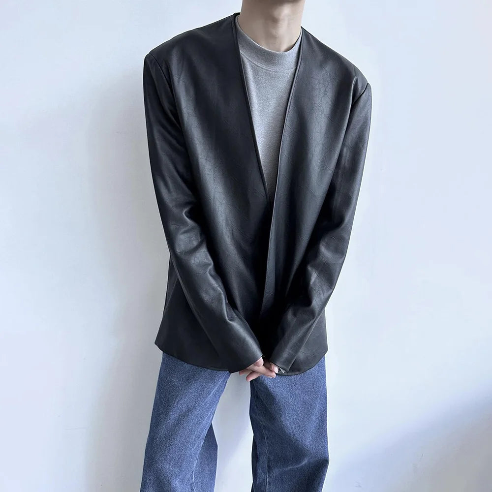 Mens Pu Leather Suit Jacket British Cardigan Casual Jacket Autumn Streetwear Campus Versatile Long-Sleeve Top Men'S Clothing