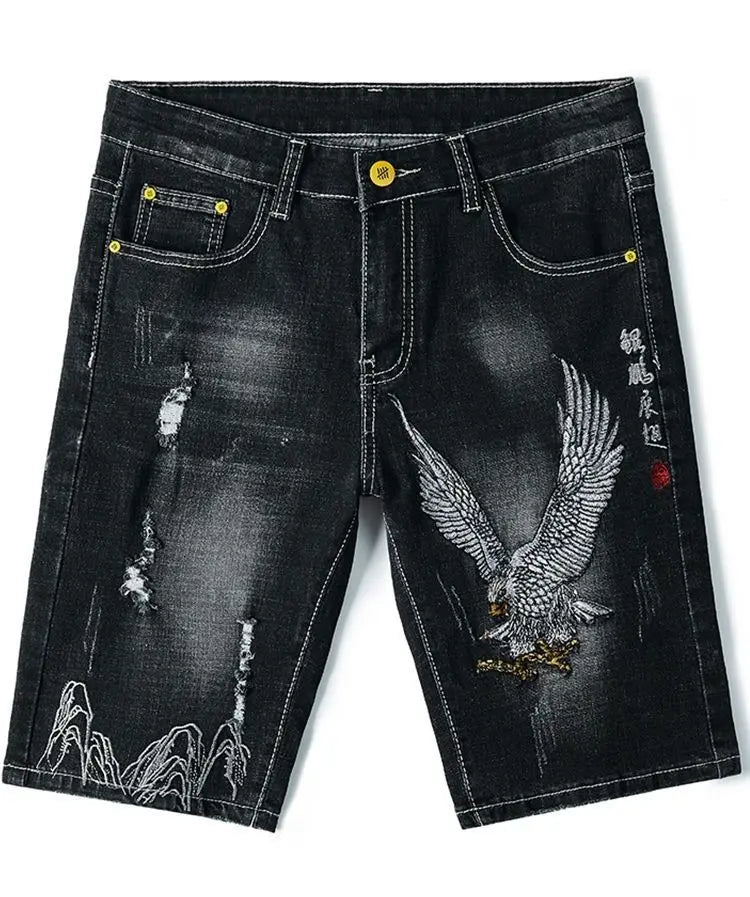 Summer Embroidered Eagle Denim Shorts Men's Summer Thin Fit Good Quality Ripped Five Points Pirate Shorts