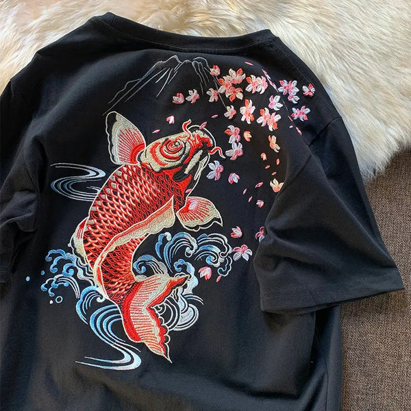 Cyberpunk Graphic Tee – New Summer Aesthetic Vintage Carp Fish Embroidery T Shirts W – Modern Streetwear for Everyone