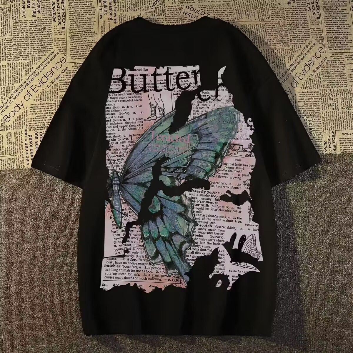 Trapwear Crying angel – American Retro Street Butterfly Print Graphic T Shirt Summer