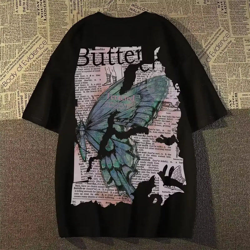 Trapwear Crying angel – American Retro Street Butterfly Print Graphic T Shirt Summer