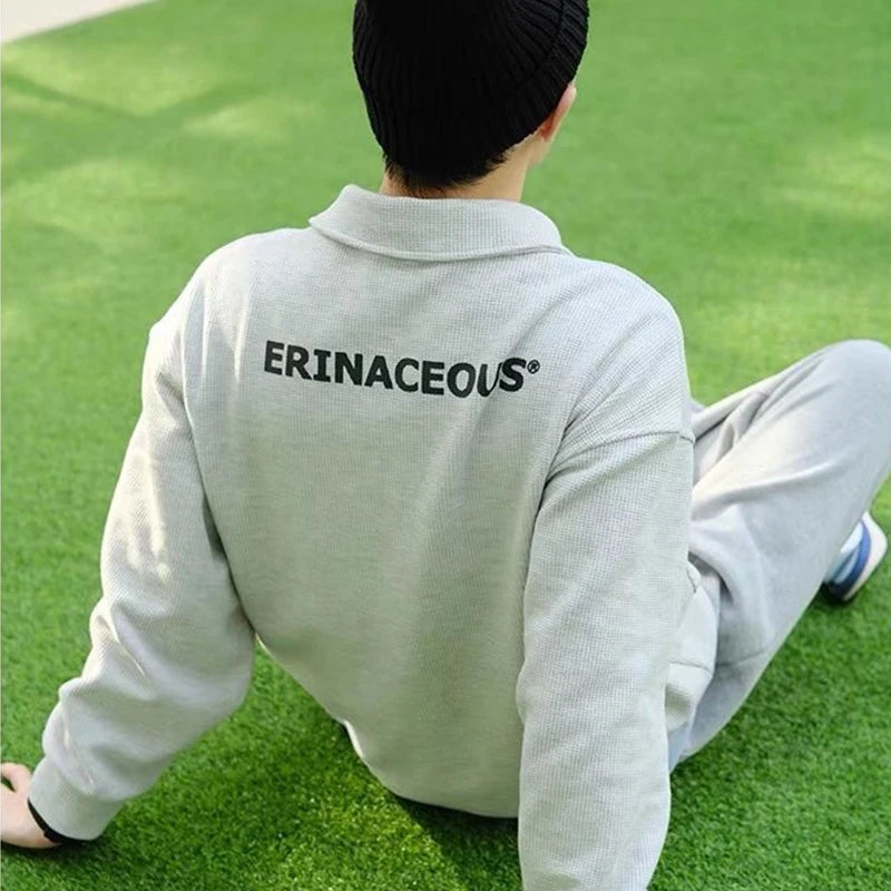 2025 Autumn Japanese Polo Sweatshirts Men Casual Waffle Turn-down Collar Sweatshirt High Street Long Sleeve Tops New in Hoodie