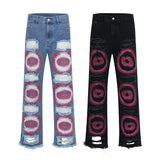 fashion ripped holes denim jeans harajuku embroidery straight jean trousers y2k trouser unisex hip hop streetwear jeans pants unique jeans style 2276