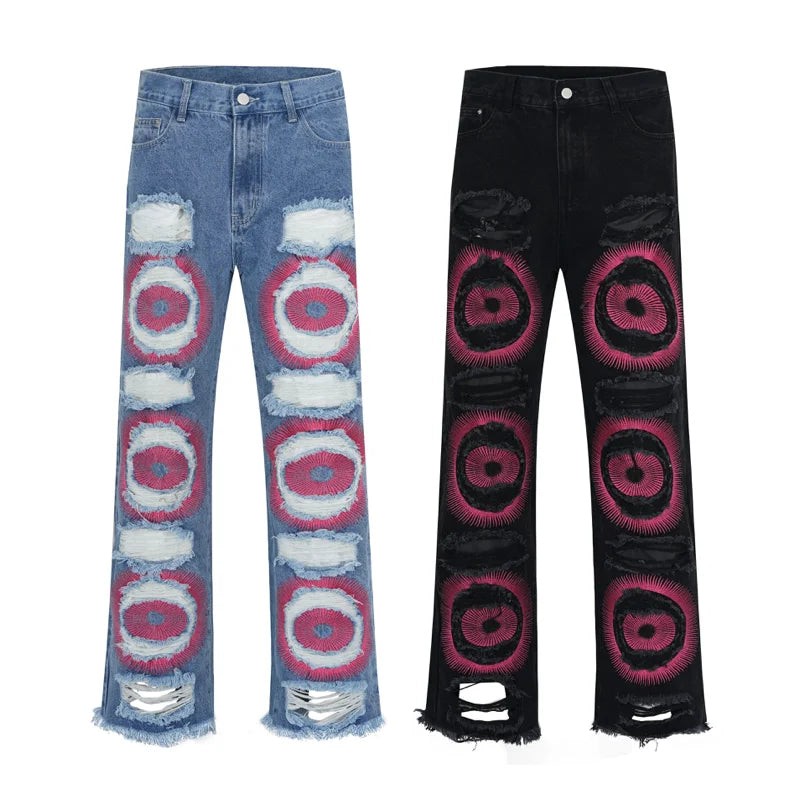fashion ripped holes denim jeans harajuku embroidery straight jean trousers y2k trouser unisex hip hop streetwear jeans pants unique jeans style 2276