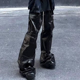 ro style glossy black pu leather pants for men high street y2k pantalones hombre baggy overall wide leg drawstring cargos utility cargo pants