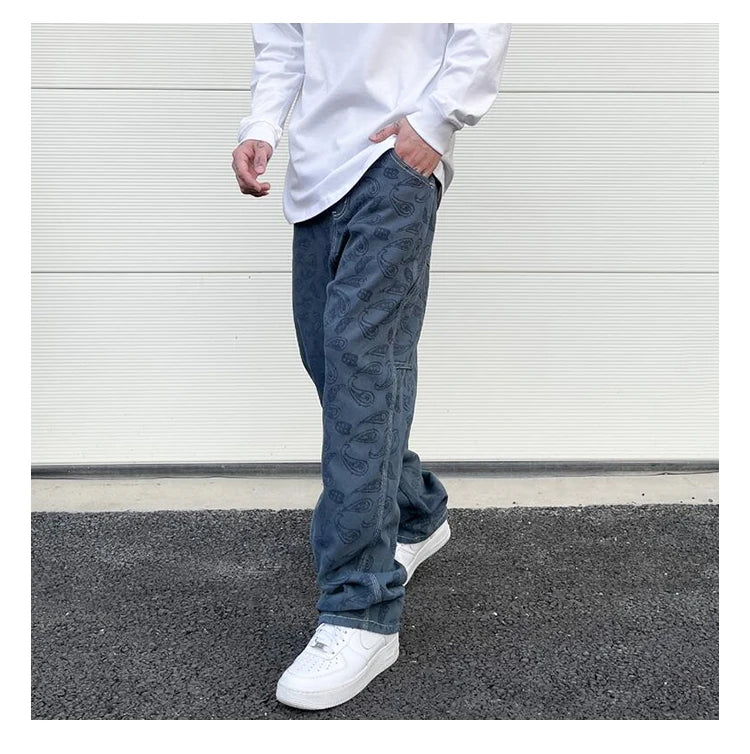 hip hop straight denim jeans pants fashion zipper paisley jeans streetwear mens new casual loose trousers jean pants joggers unique joggers style 4054