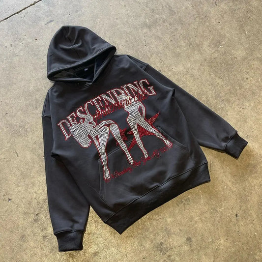 y2k vintage pullover hoodie long sleeve sweatshirt high street hip hop punk hot rhinestone