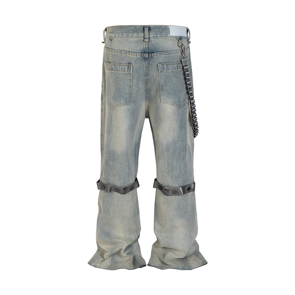 detachable leather chain washed baggy jeans for men and women straight streetwear casual denim trousers oversized cargo pants multi-pocket cargos