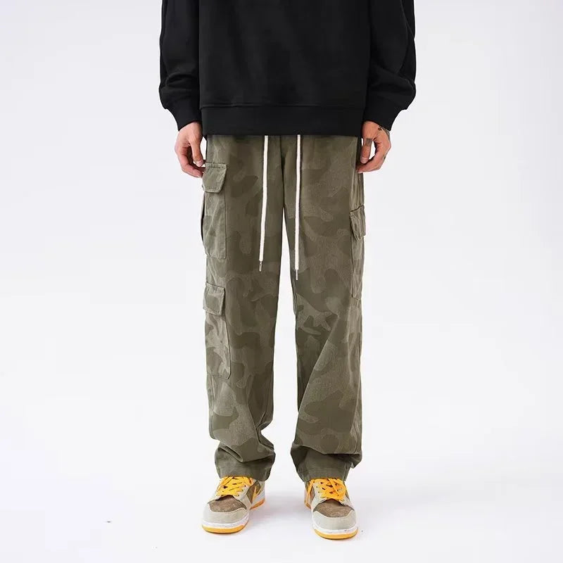 army green hip hop cargo pants for men camouflage loose american street overalls multi pocket drawstring straight trousers utility cargo pants