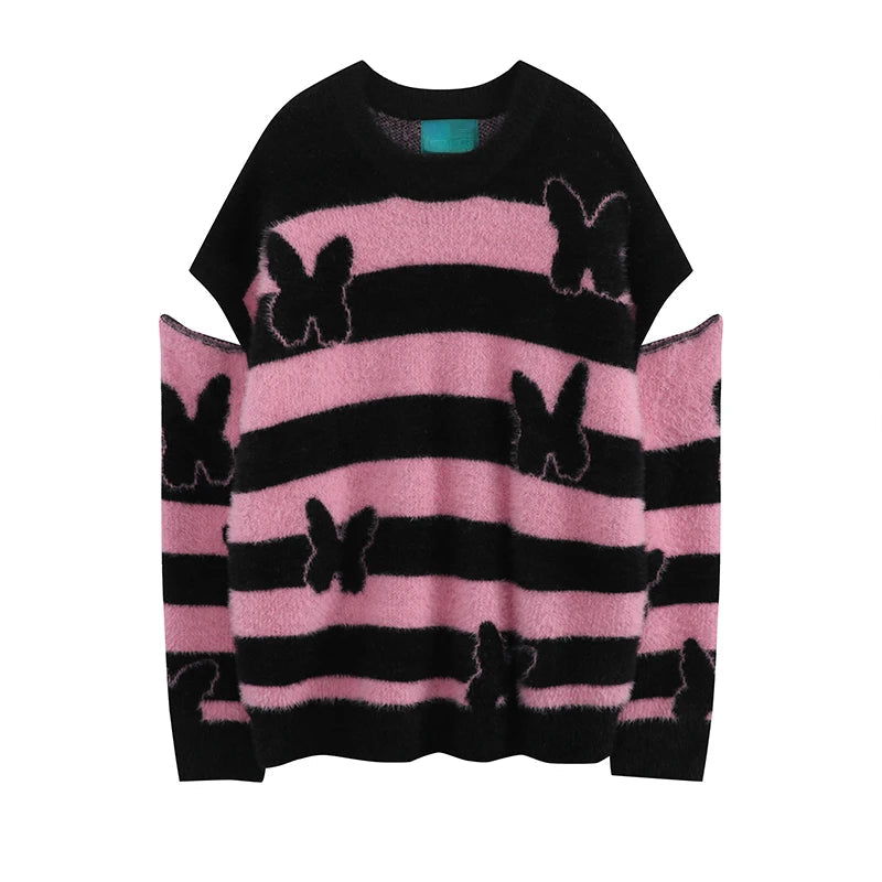 fashion striped sweaters women casual botton open sleeves butterfly knitted streetwear y2k warm furry o neck pullover knitwear - graphic printed hoodie for men and women, gothic aesthetic hoodie for winter, oversized streetwear hoodie