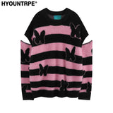 fashion striped sweaters women casual botton open sleeves butterfly knitted streetwear y2k warm furry o neck pullover knitwear - graphic printed hoodie for men and women, gothic aesthetic hoodie for winter, oversized streetwear hoodie